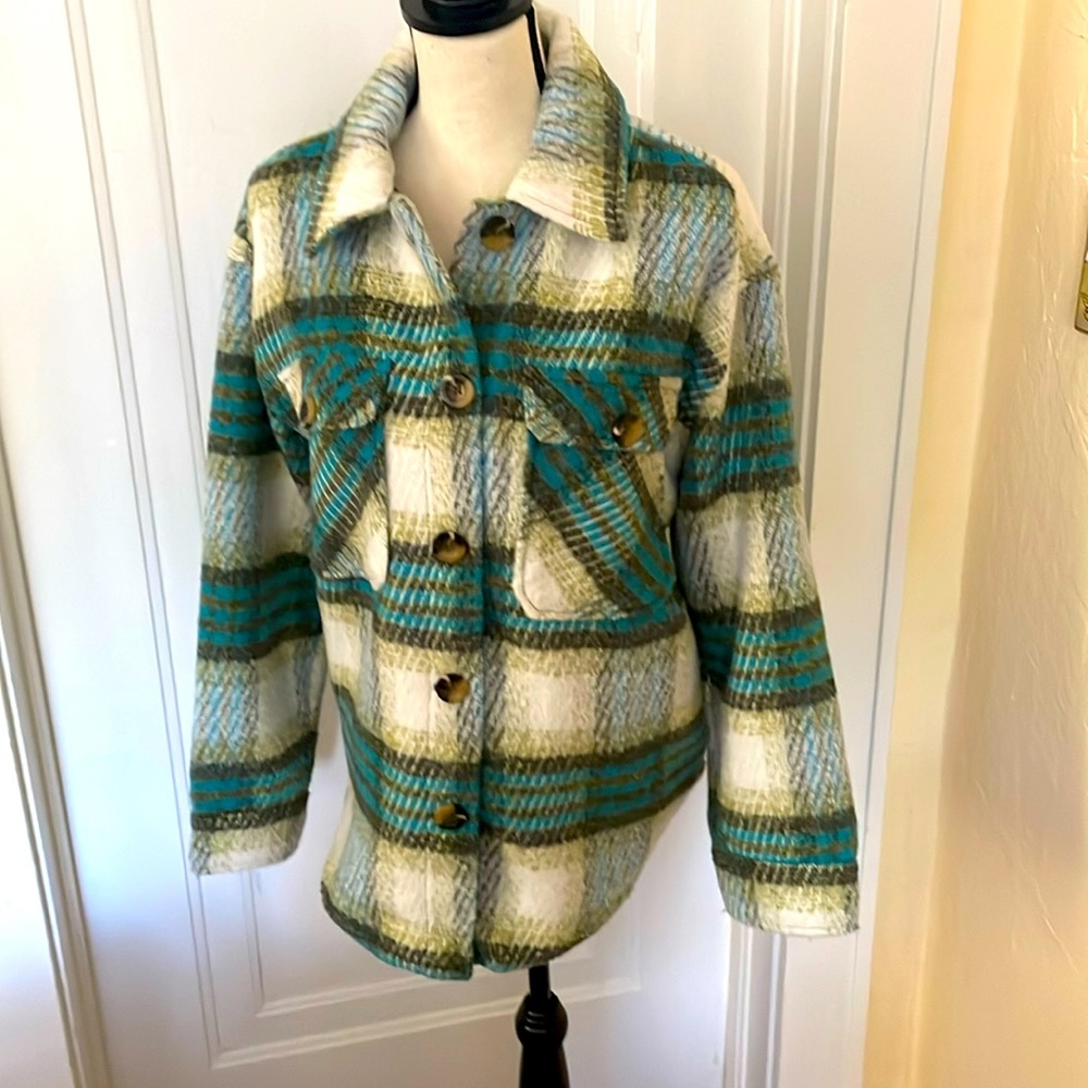 Industry Women’s Turquoise Plaid Flannel ShirtJacket Lined w/pockets size Medium